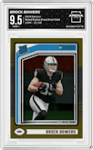 Brock Bowers from the 2024 Donruss set featuring a Press Proof Gold parallel graded by Arena Club and given an overall grade of 9.5.
