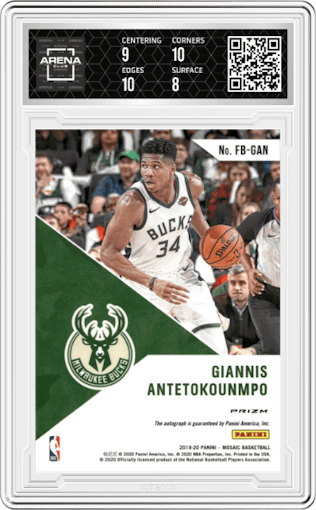 Giannis Antetokounmpo from the 2019-20 Panini Mosaic  set graded by Arena Club and given an overall grade of 8.5.