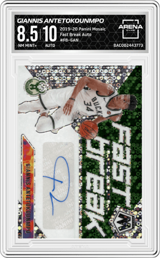 Giannis Antetokounmpo from the 2019-20 Panini Mosaic  set graded by Arena Club and given an overall grade of 8.5.