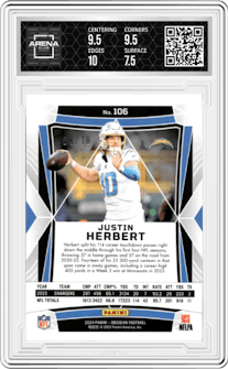 Justin Herbert from the 2024 Panini Obsidian set featuring a Gold parallel graded by Arena Club and given an overall grade of 8.