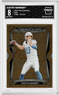 Justin Herbert from the 2024 Panini Obsidian set featuring a Gold parallel graded by Arena Club and given an overall grade of 8.