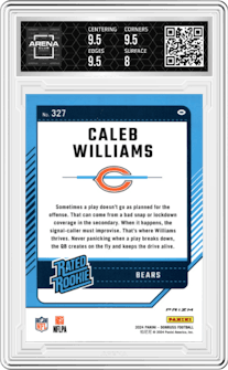 Caleb Williams from the 2024 Donruss set featuring a Blue Scope parallel graded by Arena Club and given an overall grade of 8.5.