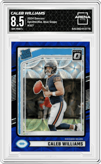 Caleb Williams from the 2024 Donruss set featuring a Blue Scope parallel graded by Arena Club and given an overall grade of 8.5.