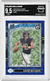 Caleb Williams from the 2024 Donruss Optic set featuring a Blue Scope parallel graded by Arena Club and given an overall grade of 9.5.
