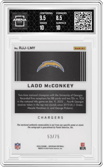 Ladd McConkey from the 2024 Panini Obsidian set featuring a Red parallel graded by Arena Club and given an overall grade of 9.
