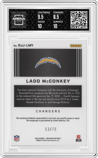Ladd McConkey from the 2024 Panini Obsidian set featuring a Red parallel graded by Arena Club and given an overall grade of 9.