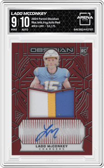 Ladd McConkey from the 2024 Panini Obsidian set featuring a Red parallel graded by Arena Club and given an overall grade of 9.
