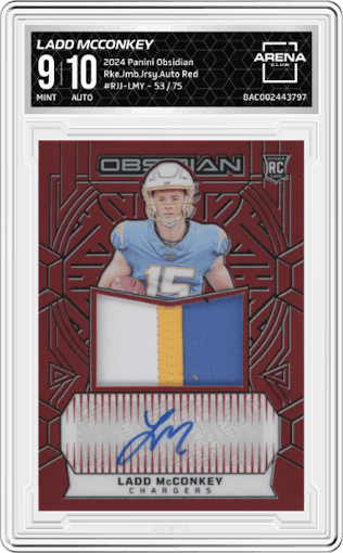 Ladd McConkey from the 2024 Panini Obsidian set featuring a Red parallel graded by Arena Club and given an overall grade of 9.