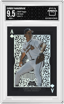 Greg Maddux from the 2025 Topps set graded by Arena Club and given an overall grade of 9.5.
