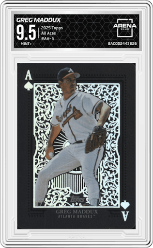 Greg Maddux from the 2025 Topps set graded by Arena Club and given an overall grade of 9.5.