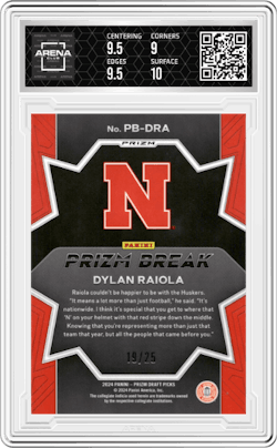 Dylan Raiola from the 2024 Panini Prizm Draft Picks set featuring a Mojo parallel and given an overall grade of 9.5.