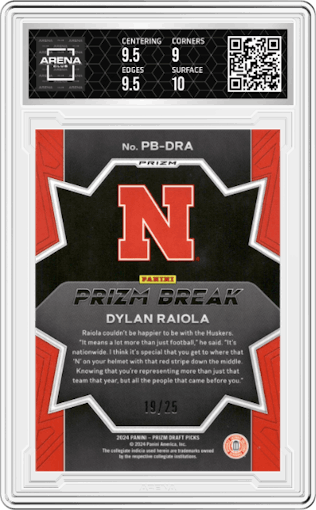 Dylan Raiola from the 2024 Panini Prizm Draft Picks set featuring a Mojo parallel graded by Arena Club and given an overall grade of 9.5.