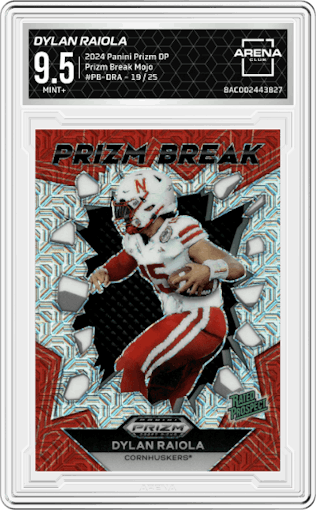 Dylan Raiola from the 2024 Panini Prizm Draft Picks set featuring a Mojo parallel graded by Arena Club and given an overall grade of 9.5.