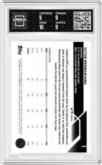 Victor Wembanyama from the 2023-24 Topps Chrome set featuring a Pink Refractor parallel graded by Arena Club and given an overall grade of 9.5.