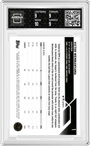 Victor Wembanyama from the 2023-24 Topps Chrome set featuring a Pink Refractor parallel graded by Arena Club and given an overall grade of 9.5.