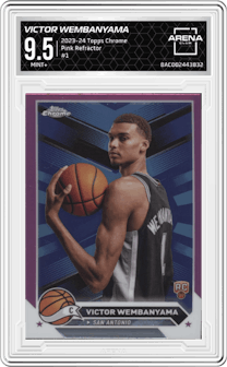 Victor Wembanyama from the 2023-24 Topps Chrome set featuring a Pink Refractor parallel graded by Arena Club and given an overall grade of 9.5.