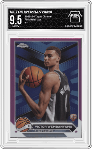 Victor Wembanyama from the 2023-24 Topps Chrome set featuring a Pink Refractor parallel graded by Arena Club and given an overall grade of 9.5.