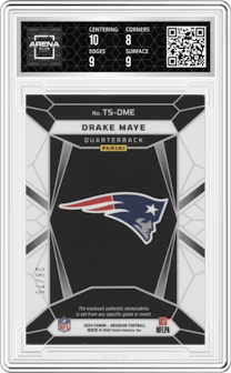 Drake Maye from the 2024 Panini Obsidian set featuring a Red parallel graded by Arena Club and given an overall grade of 8.5.