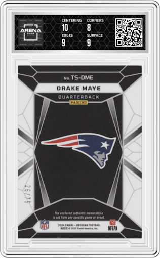 Drake Maye from the 2024 Panini Obsidian set featuring a Red parallel graded by Arena Club and given an overall grade of 8.5.