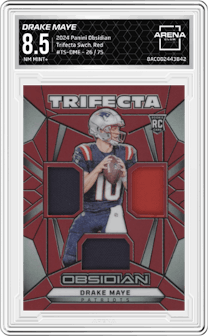 Drake Maye from the 2024 Panini Obsidian set featuring a Red parallel graded by Arena Club and given an overall grade of 8.5.