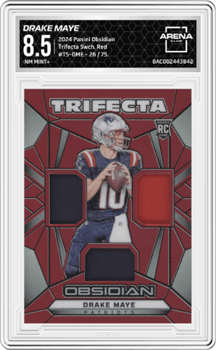 Drake Maye from the 2024 Panini Obsidian set featuring a Red parallel graded by Arena Club and given an overall grade of 8.5.
