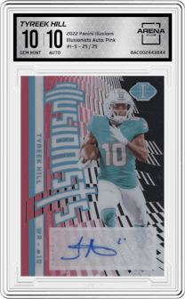 Tyreek Hill from the 2022 Panini Illusions set featuring a Pink parallel graded by Arena Club and given an overall grade of 10.