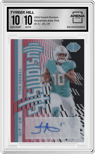 Tyreek Hill from the 2022 Panini Illusions set featuring a Pink parallel graded by Arena Club and given an overall grade of 10.