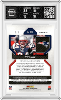 Ty Law from the 2021 Panini Prizm set featuring a Gold Vinyl parallel graded by Arena Club and given an overall grade of 9.