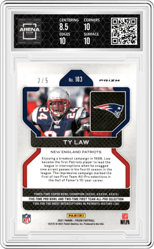 Ty Law from the 2021 Panini Prizm set featuring a Gold Vinyl parallel graded by Arena Club and given an overall grade of 9.