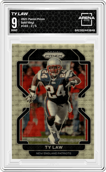 Ty Law from the 2021 Panini Prizm set featuring a Gold Vinyl parallel graded by Arena Club and given an overall grade of 9.