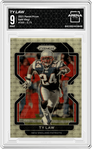 Ty Law from the 2021 Panini Prizm set featuring a Gold Vinyl parallel graded by Arena Club and given an overall grade of 9.
