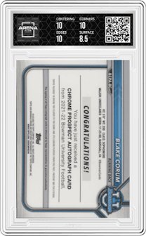 Blake Corum from the 2021-22 Bowman University set featuring a  Lava Refractor parallel graded by Arena Club and given an overall grade of 9.