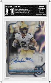 Blake Corum from the 2021-22 Bowman University set featuring a  Lava Refractor parallel graded by Arena Club and given an overall grade of 9.