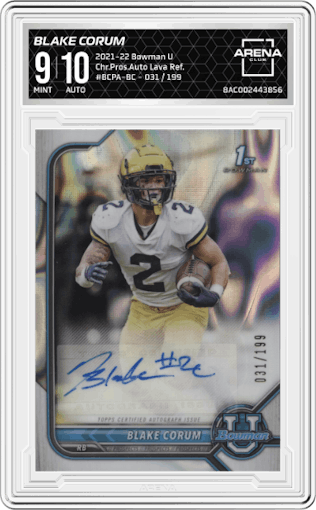 Blake Corum from the 2021-22 Bowman University set featuring a  Lava Refractor parallel graded by Arena Club and given an overall grade of 9.