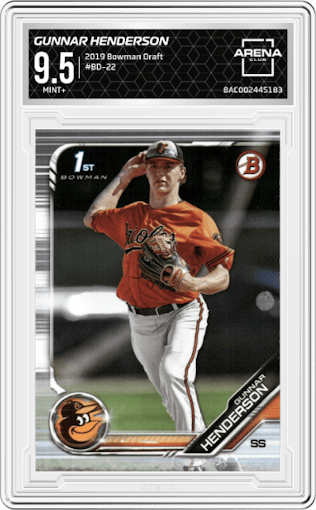Gunnar Henderson from the 2019 Bowman Draft set graded by Arena Club and given an overall grade of 9.5.