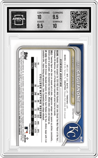 Jac Caglianone from the 2024 Bowman Draft set featuring a Refractor parallel graded by Arena Club and given an overall grade of 10.