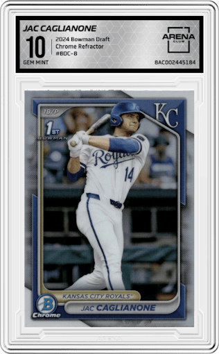 Jac Caglianone from the 2024 Bowman Draft set featuring a Refractor parallel graded by Arena Club and given an overall grade of 10.
