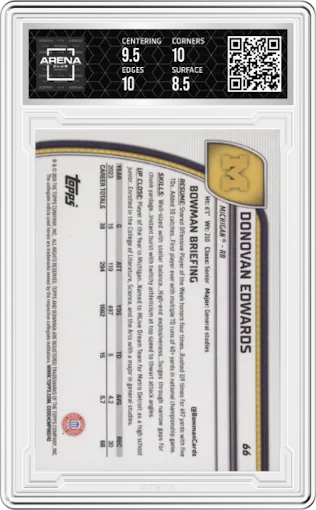 Donovan Edwards from the 2024 Bowman University Chrome Sapphire set featuring a Red parallel graded by Arena Club and given an overall grade of 9.