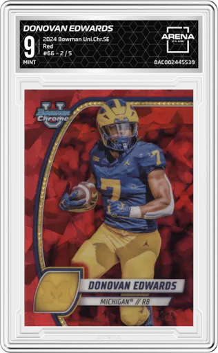 Donovan Edwards from the 2024 Bowman University Chrome Sapphire set featuring a Red parallel graded by Arena Club and given an overall grade of 9.