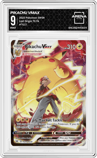 Pikachu VMAX from the 2022 Pokemon SWSH set graded by Arena Club and given an overall grade of 9.