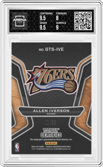 Allen Iverson from the 2024-25 Panini Totally Certified set featuring a Mirror Blue parallel graded by Arena Club and given an overall grade of 8.5.
