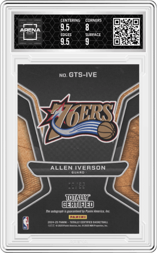 Allen Iverson from the 2024-25 Panini Totally Certified set featuring a Mirror Blue parallel graded by Arena Club and given an overall grade of 8.5.