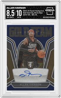 Allen Iverson from the 2024-25 Panini Totally Certified set featuring a Mirror Blue parallel graded by Arena Club and given an overall grade of 8.5.