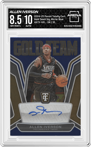 Allen Iverson from the 2024-25 Panini Totally Certified set featuring a Mirror Blue parallel graded by Arena Club and given an overall grade of 8.5.
