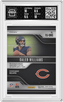 Caleb Williams from the 2024 Panini Prizm set featuring a Purple Pulsar parallel graded by Arena Club and given an overall grade of 9.