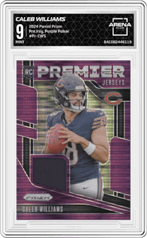 Caleb Williams from the 2024 Panini Prizm set featuring a Purple Pulsar parallel graded by Arena Club and given an overall grade of 9.