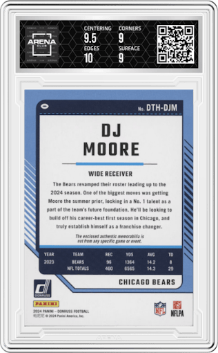 DJ Moore from the 2024 Donruss set graded by Arena Club and given an overall grade of 9.5.