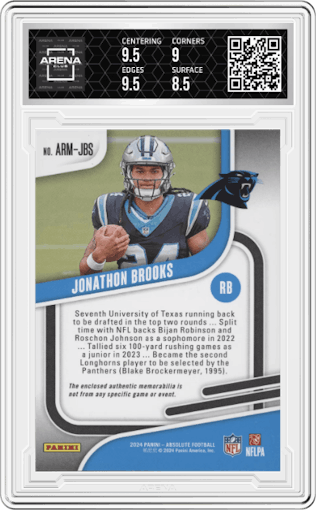 Jonathon Brooks from the 2024 Panini Absolute set graded by Arena Club and given an overall grade of 9.