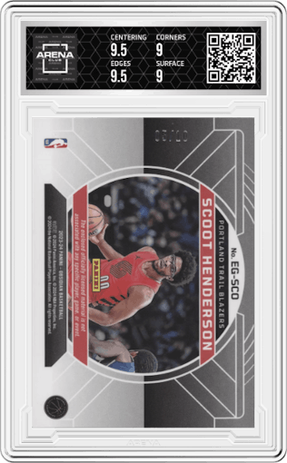 Scoot Henderson from the 2023-24 Panini Obsidian set featuring a Gold Flood parallel graded by Arena Club and given an overall grade of 9.5.