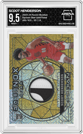 Scoot Henderson from the 2023-24 Panini Obsidian set featuring a Gold Flood parallel graded by Arena Club and given an overall grade of 9.5.